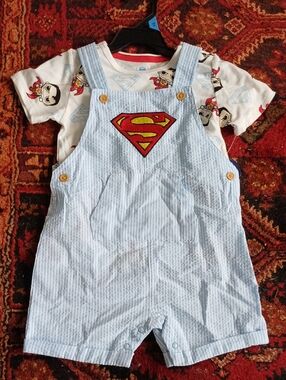 DC Comics Superman Light Blue and Navy Baby Overalls Set